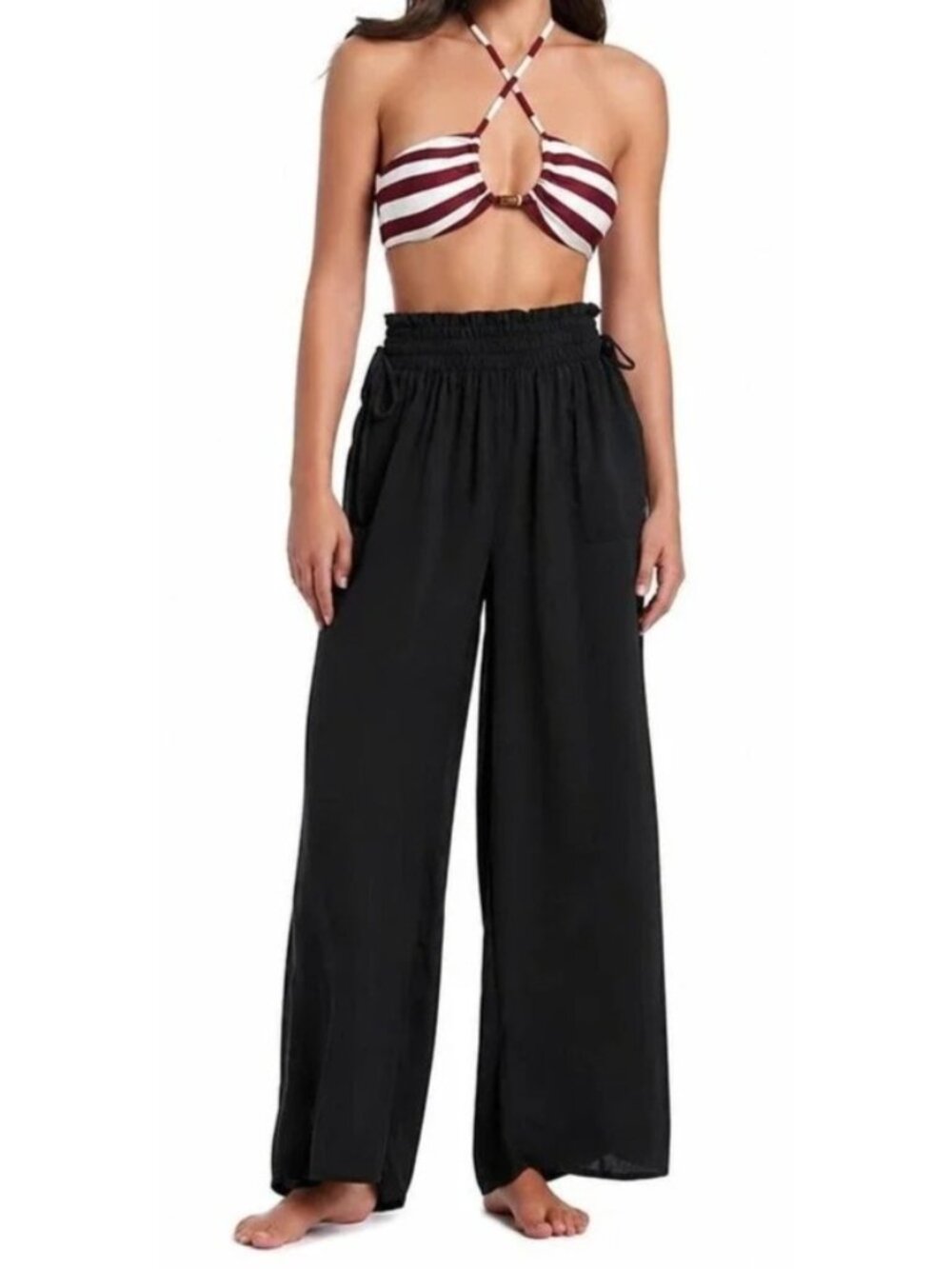Red Carter Hammered Satin Coverup Wide Leg Pant, Black, Sz. XL